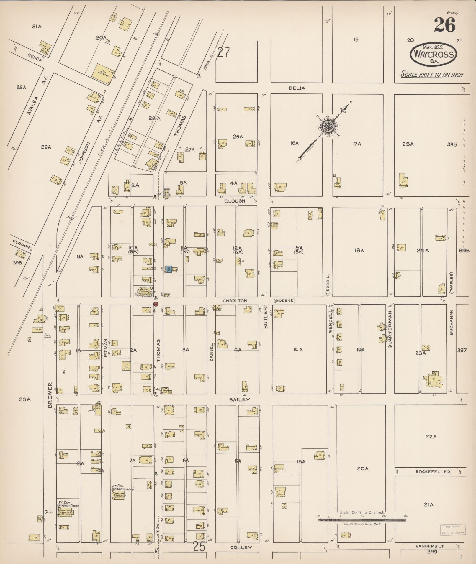 Sanborn Fire Insurance Map from Waycross, Ware County, Georgia (1922), Sheet #0026 - Historic Sanborn Fire Insurance Map Print, vintage old map wall art, antique decor, genealogy gift, Georgia Georgia map