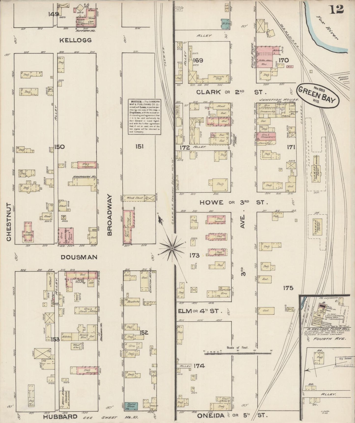 Sanborn Fire Insurance Map from Green Bay, Brown County, Wisconsin (1883), Sheet #0012 - Complete Map Set gallery image, historic Sanborn map, vintage wall art, Wisconsin Wisconsin