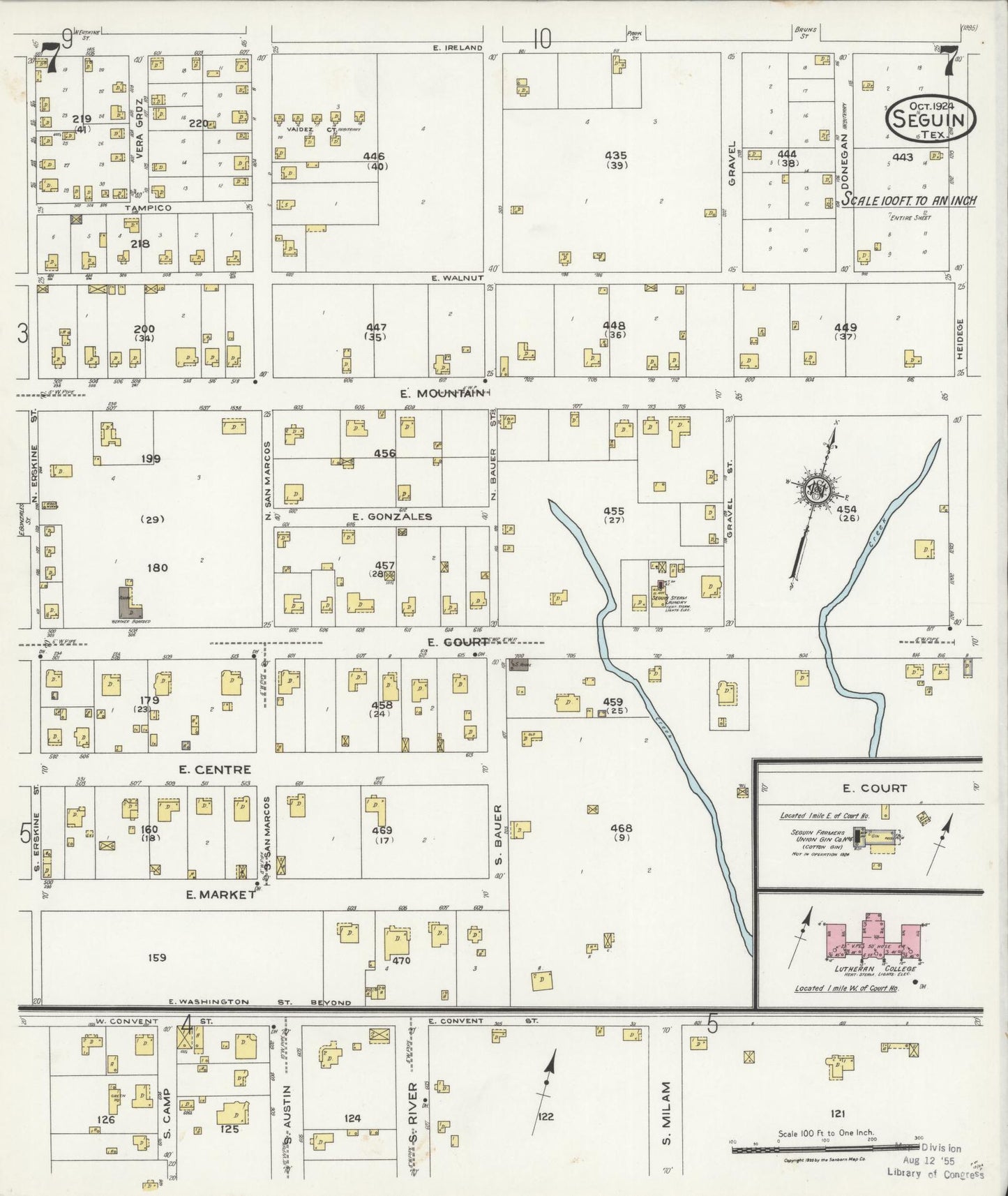 Sanborn Fire Insurance Map from Seguin, Guadalupe County, Texas (1924), Sheet #0007 - Historic Sanborn Fire Insurance Map Print, vintage old map wall art, antique decor, genealogy gift, Texas Texas map