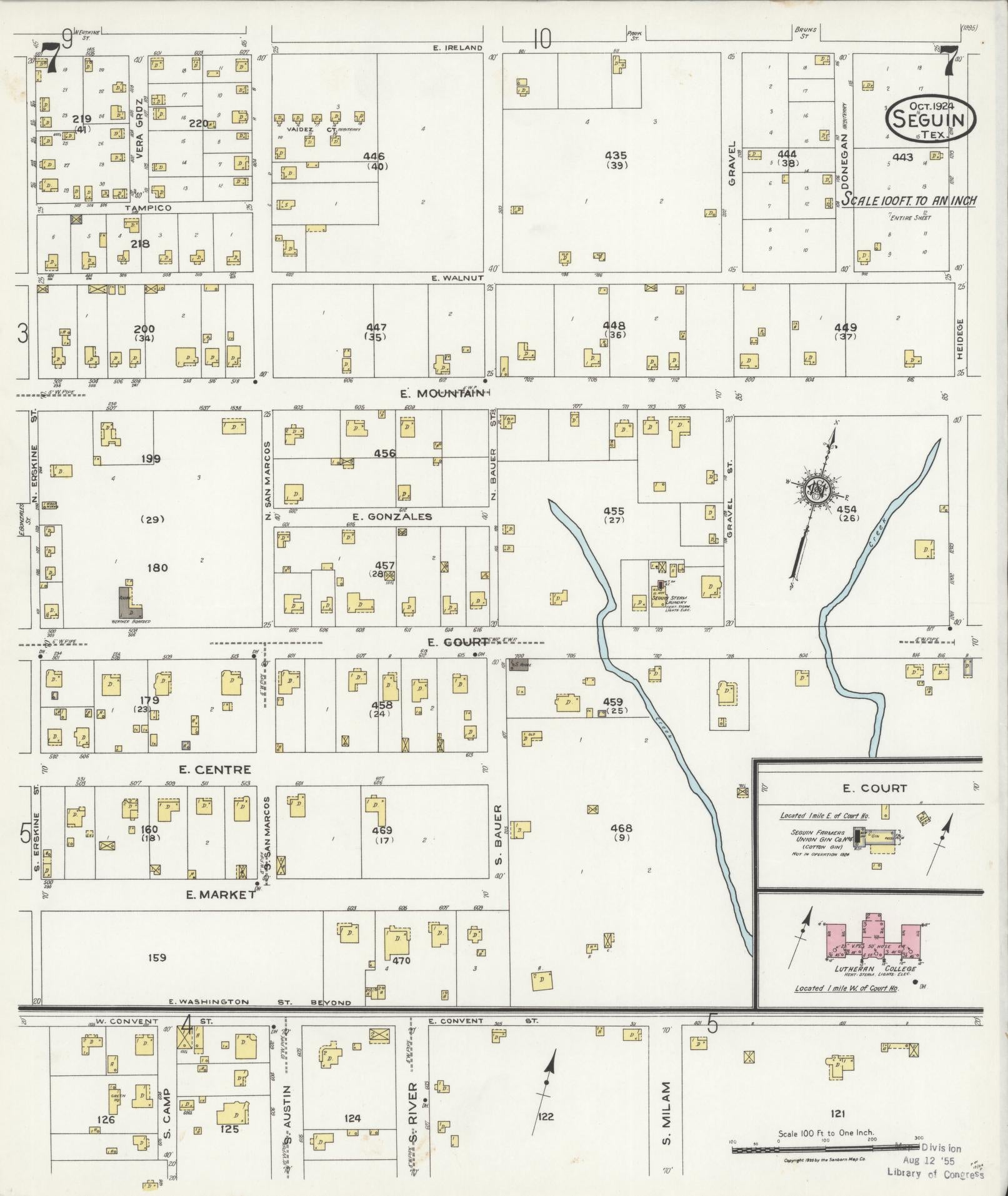 Sanborn Fire Insurance Map from Seguin, Guadalupe County, Texas (1924), Sheet #0007 - Historic Sanborn Fire Insurance Map Print, vintage old map wall art, antique decor, genealogy gift, Texas Texas map
