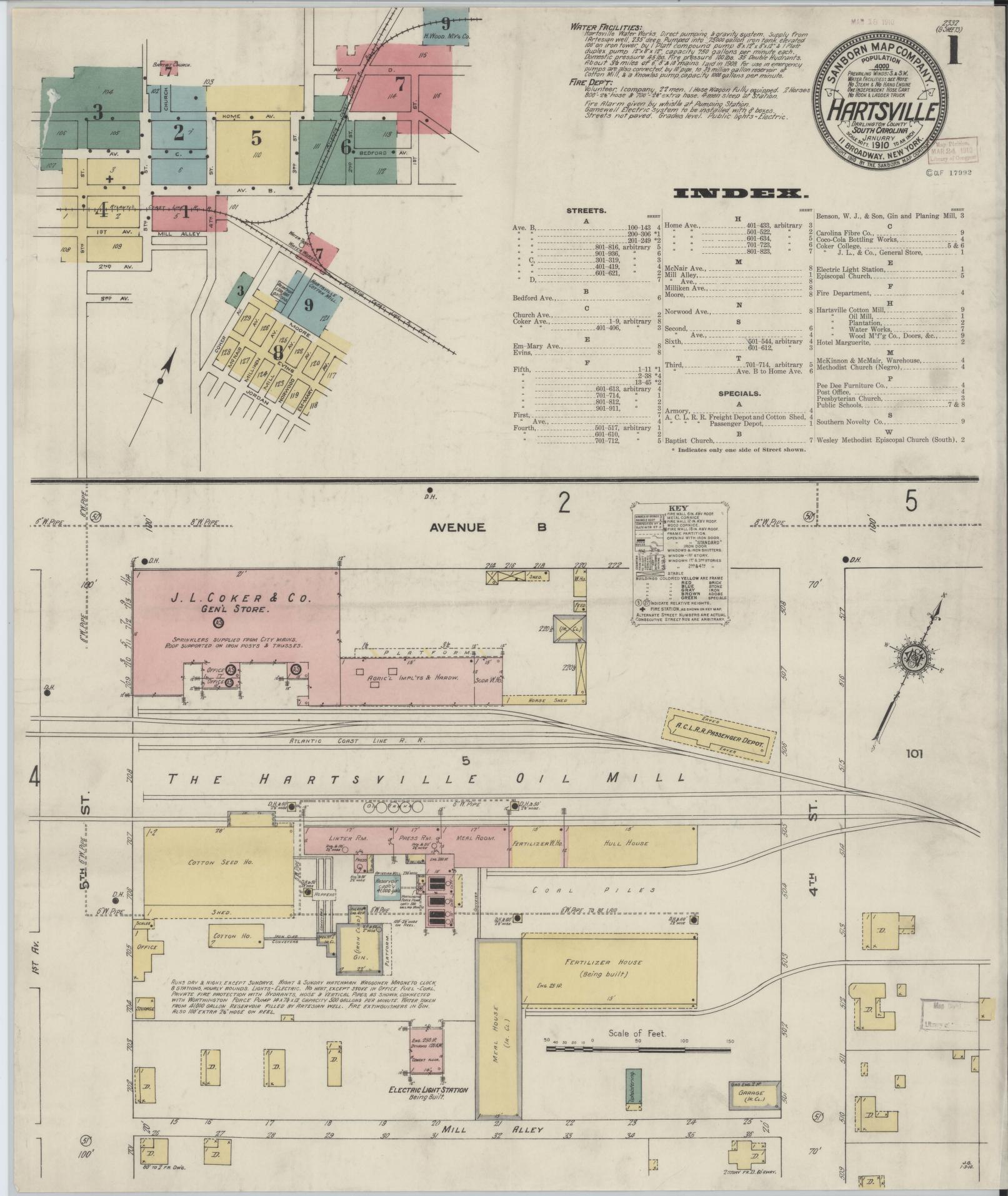 Sanborn Fire Insurance Map from Hartsville, Darlington County, South Carolina (1910), Sheet #0001 - Historic Sanborn Fire Insurance Map Print, vintage old map wall art, antique decor, genealogy gift, South Carolina South Carolina map