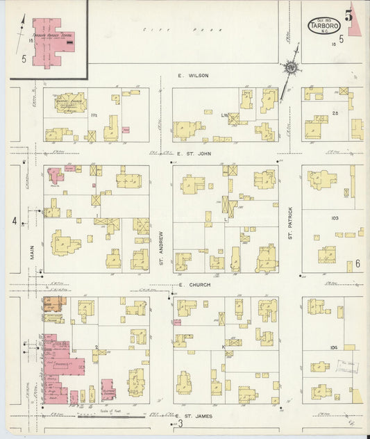 Sanborn Fire Insurance Map from Tarboro, Edgecombe County, North Carolina (1913), Sheet #0005 - Historic Sanborn Fire Insurance Map Print, vintage old map wall art, antique decor, genealogy gift, North Carolina North Carolina map