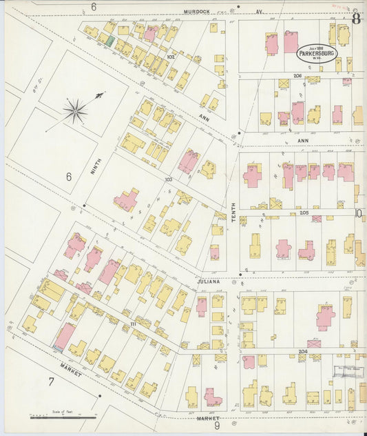 Sanborn Fire Insurance Map from Parkersburg, Wood County, West Virginia (1898), Sheet #0008 - Historic Sanborn Fire Insurance Map Print, vintage old map wall art, antique decor, genealogy gift, West Virginia West Virginia map