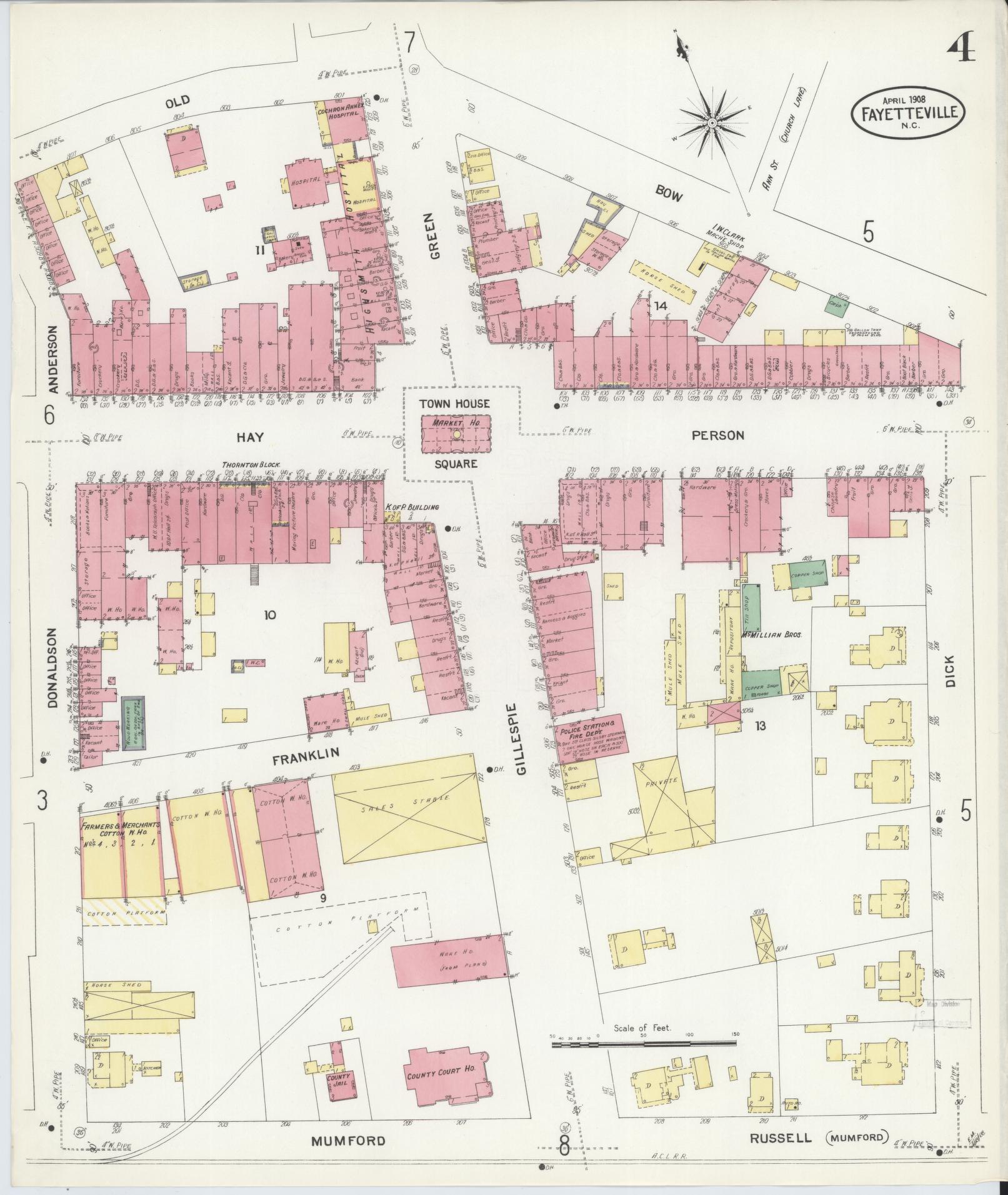 Sanborn Fire Insurance Map from Fayetteville, Cumberland County, North Carolina (1908), Sheet #0004 - Complete Map Set gallery image, historic Sanborn map, vintage wall art, North Carolina North Carolina