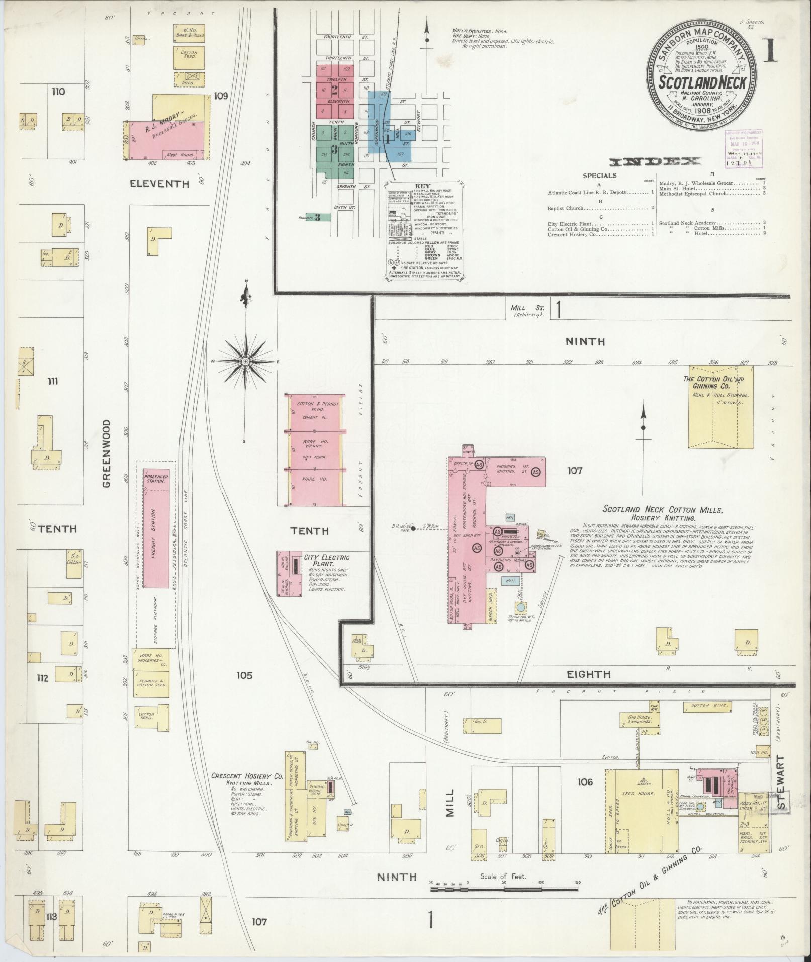 Sanborn Fire Insurance Map from Scotland Neck, Halifax County, North Carolina (1908), Sheet #0001 - Complete Map Set gallery image, historic Sanborn map, vintage wall art, North Carolina North Carolina