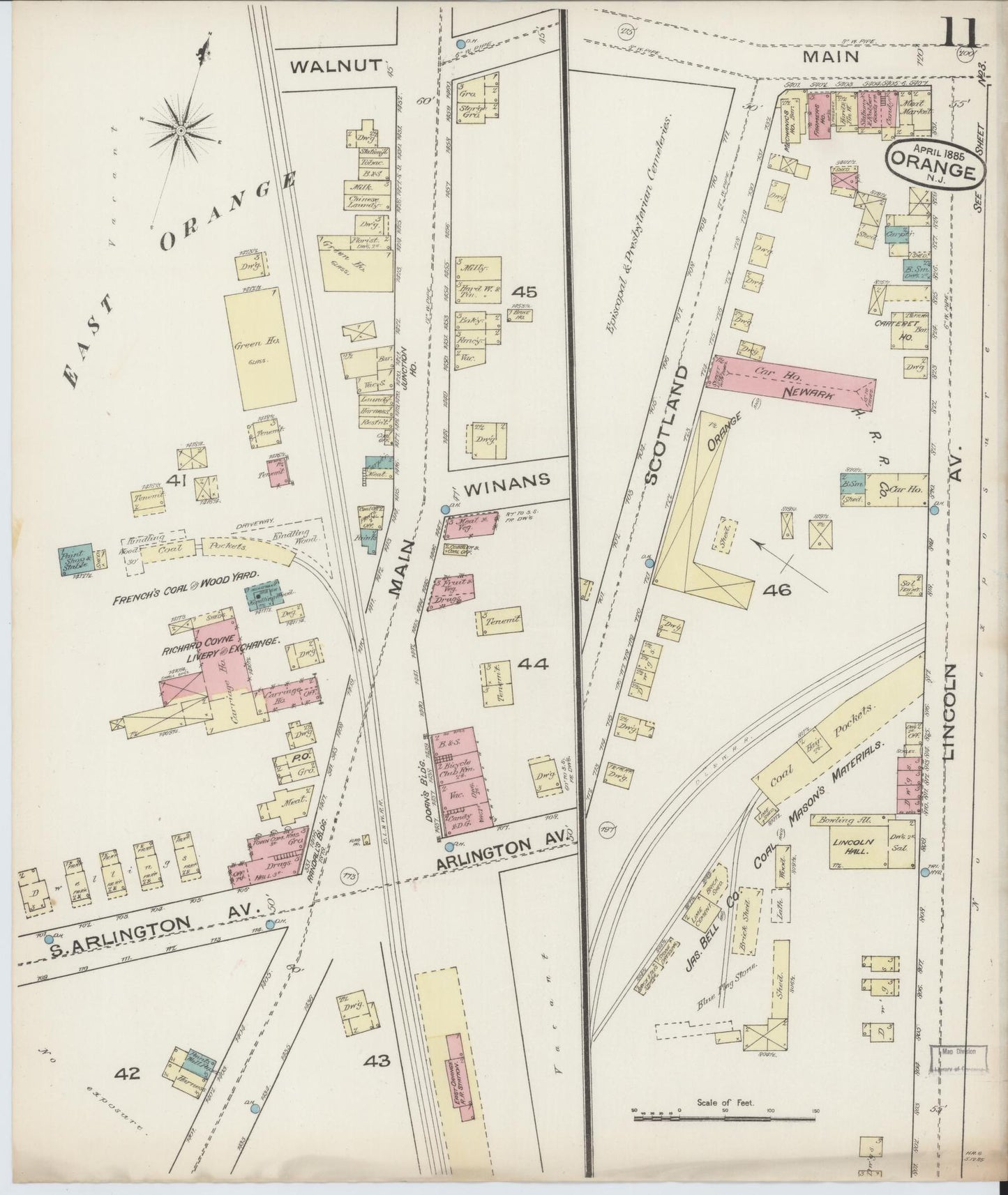 Sanborn Fire Insurance Map from Orange, Essex County, New Jersey (1885), Sheet #0011 - Historic Sanborn Fire Insurance Map Print, vintage old map wall art, antique decor, genealogy gift, New Jersey New Jersey map