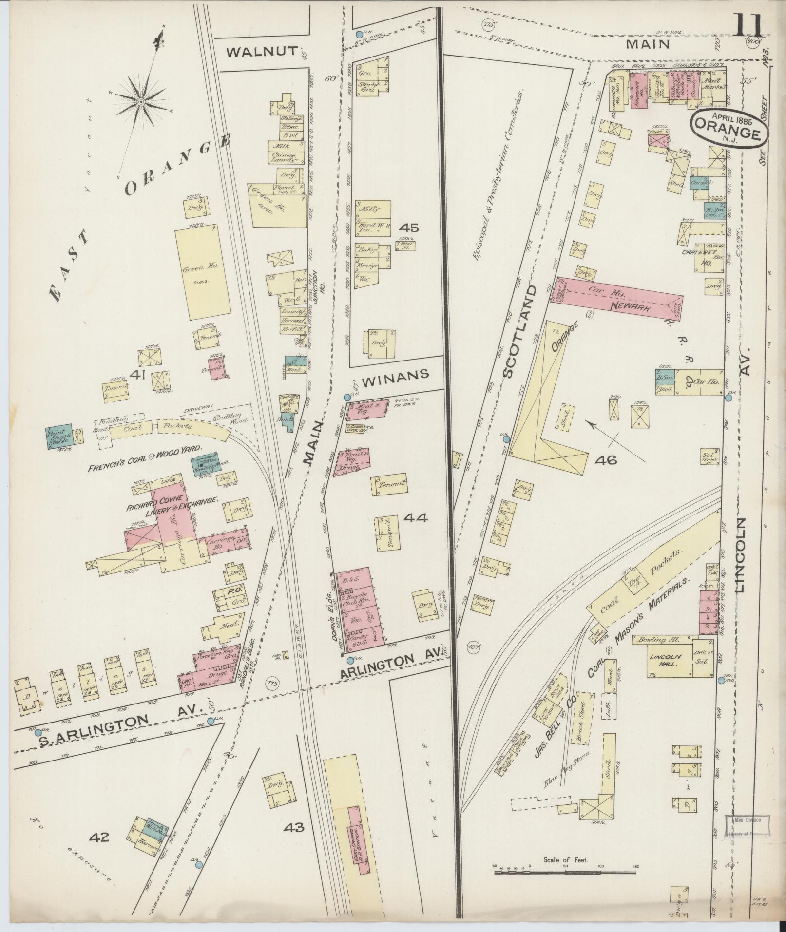 Sanborn Fire Insurance Map from Orange, Essex County, New Jersey (1885), Sheet #0011 - Historic Sanborn Fire Insurance Map Print, vintage old map wall art, antique decor, genealogy gift, New Jersey New Jersey map