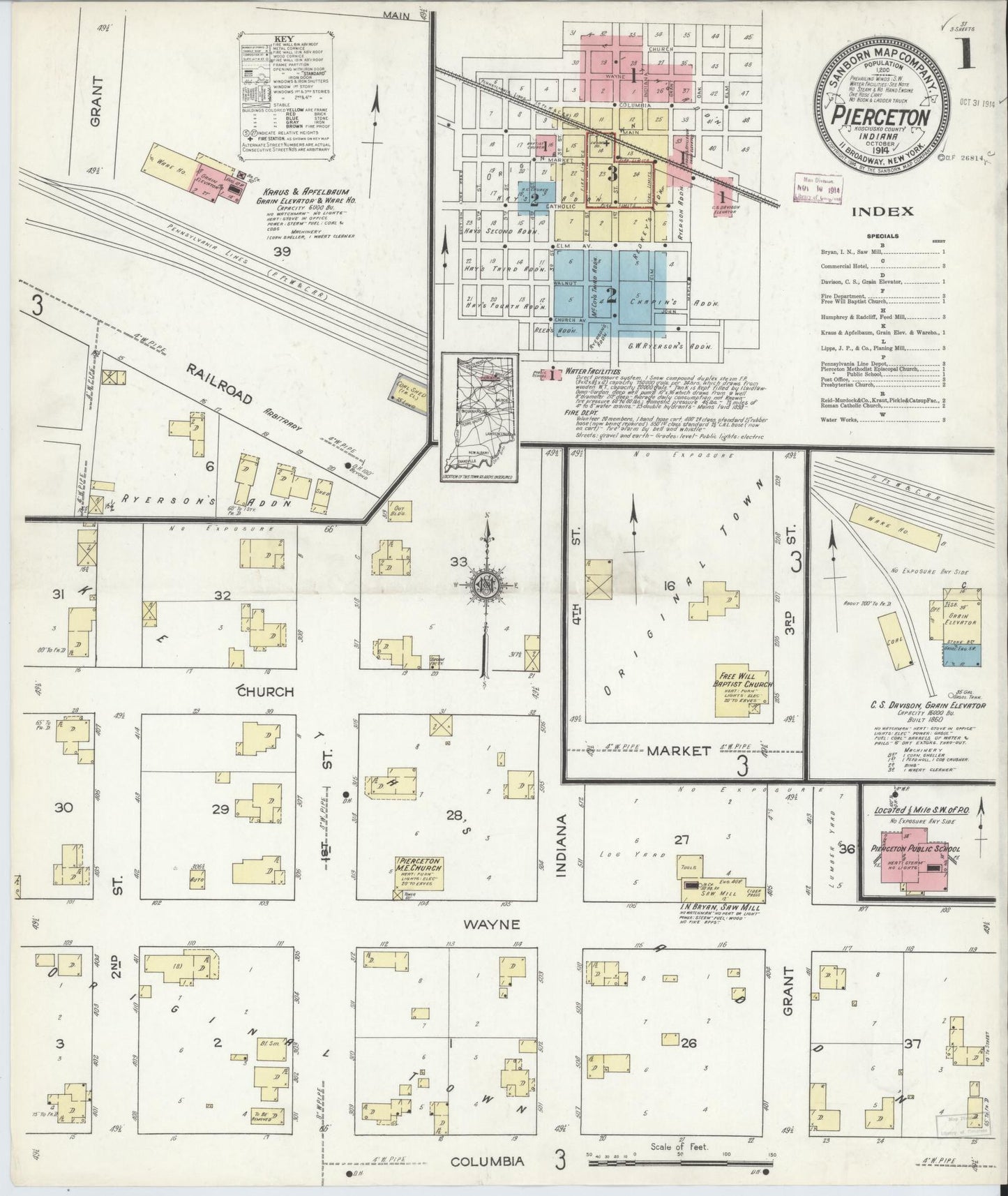 Sanborn Fire Insurance Map from Pierceton, Kosciusko County, Indiana (1914), Sheet #0001 - Complete Map Set gallery image, historic Sanborn map, vintage wall art, Indiana Indiana