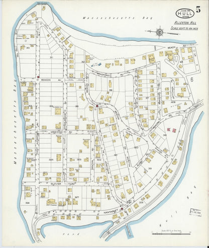 Sanborn Fire Insurance Map from Hull, Plymouth County, Massachusetts (1916), Sheet #0005 - Historic Sanborn Fire Insurance Map Print, vintage old map wall art, antique decor, genealogy gift, Massachusetts Massachusetts map