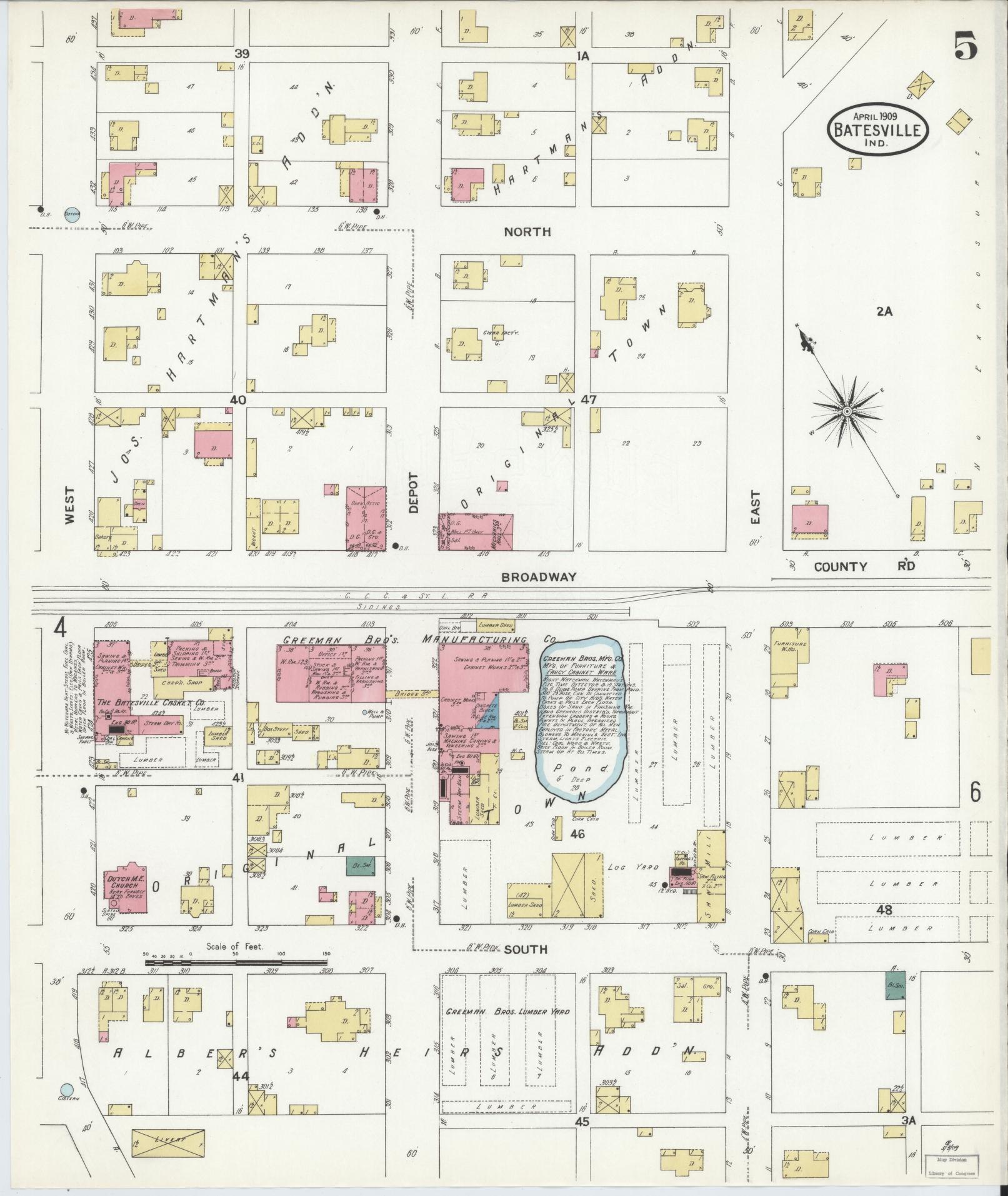 Sanborn Fire Insurance Map from Batesville, Ripley County, Indiana (1909), Sheet #0005 - Complete Map Set gallery image, historic Sanborn map, vintage wall art, Indiana Indiana