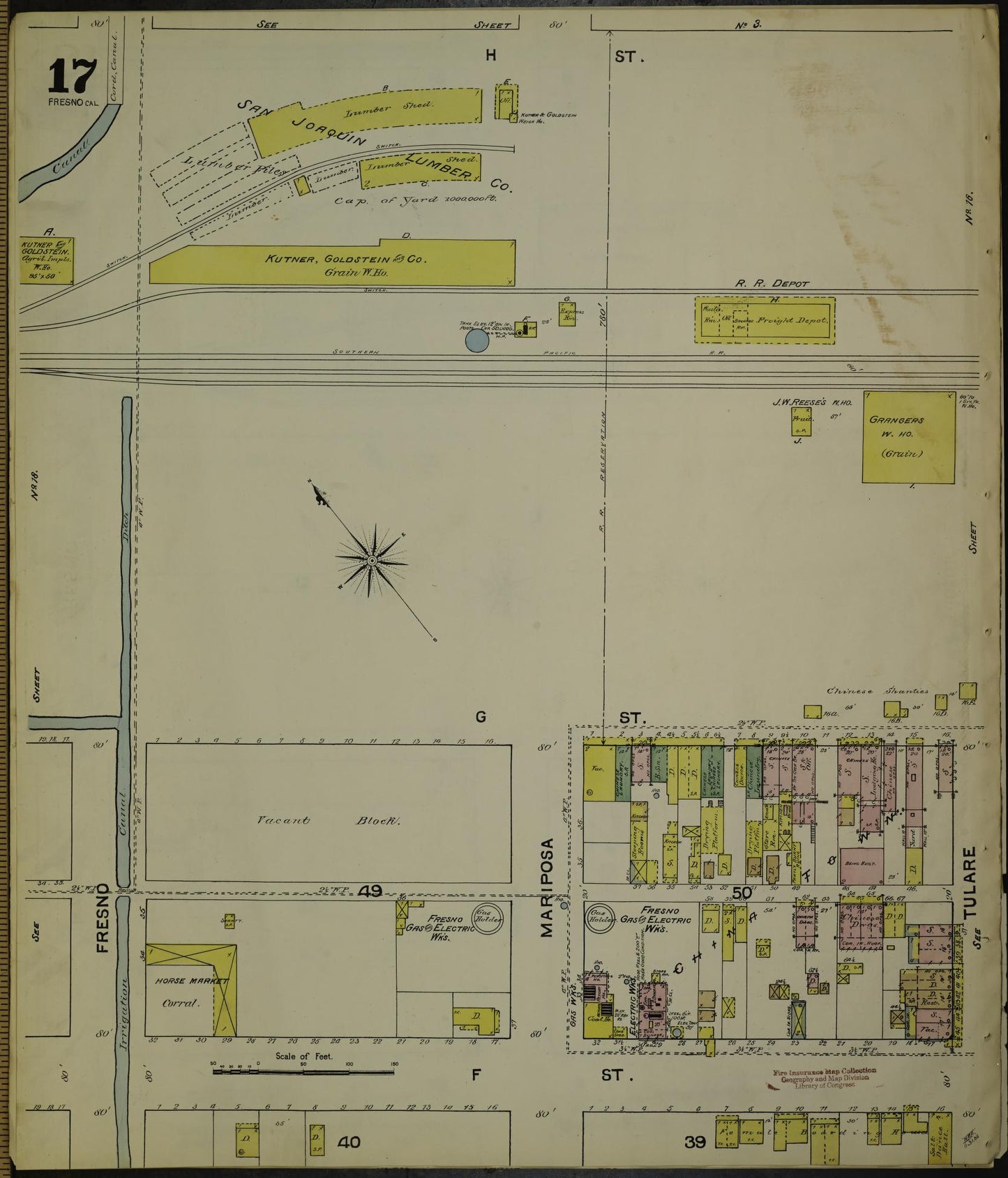 Sanborn Fire Insurance Map from Fresno, Fresno County, California (1888), Sheet #0017 - Historic Sanborn Fire Insurance Map Print, vintage old map wall art, antique decor, genealogy gift, California California map