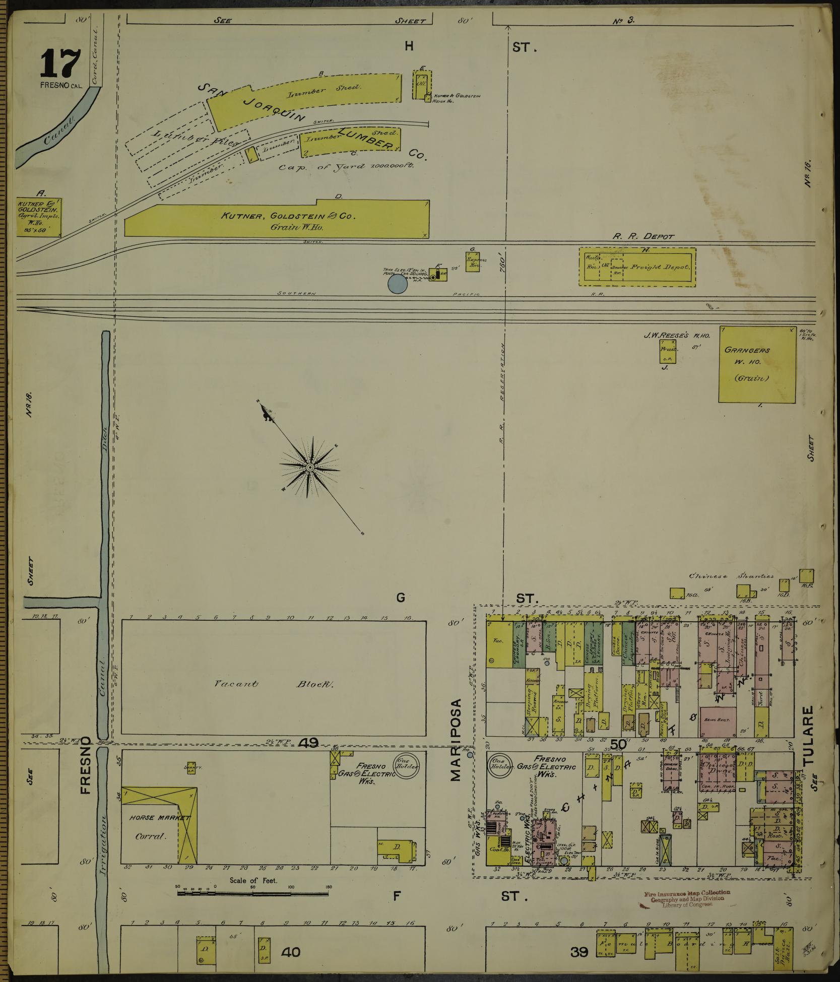 Sanborn Fire Insurance Map from Fresno, Fresno County, California (1888), Sheet #0017 - Historic Sanborn Fire Insurance Map Print, vintage old map wall art, antique decor, genealogy gift, California California map
