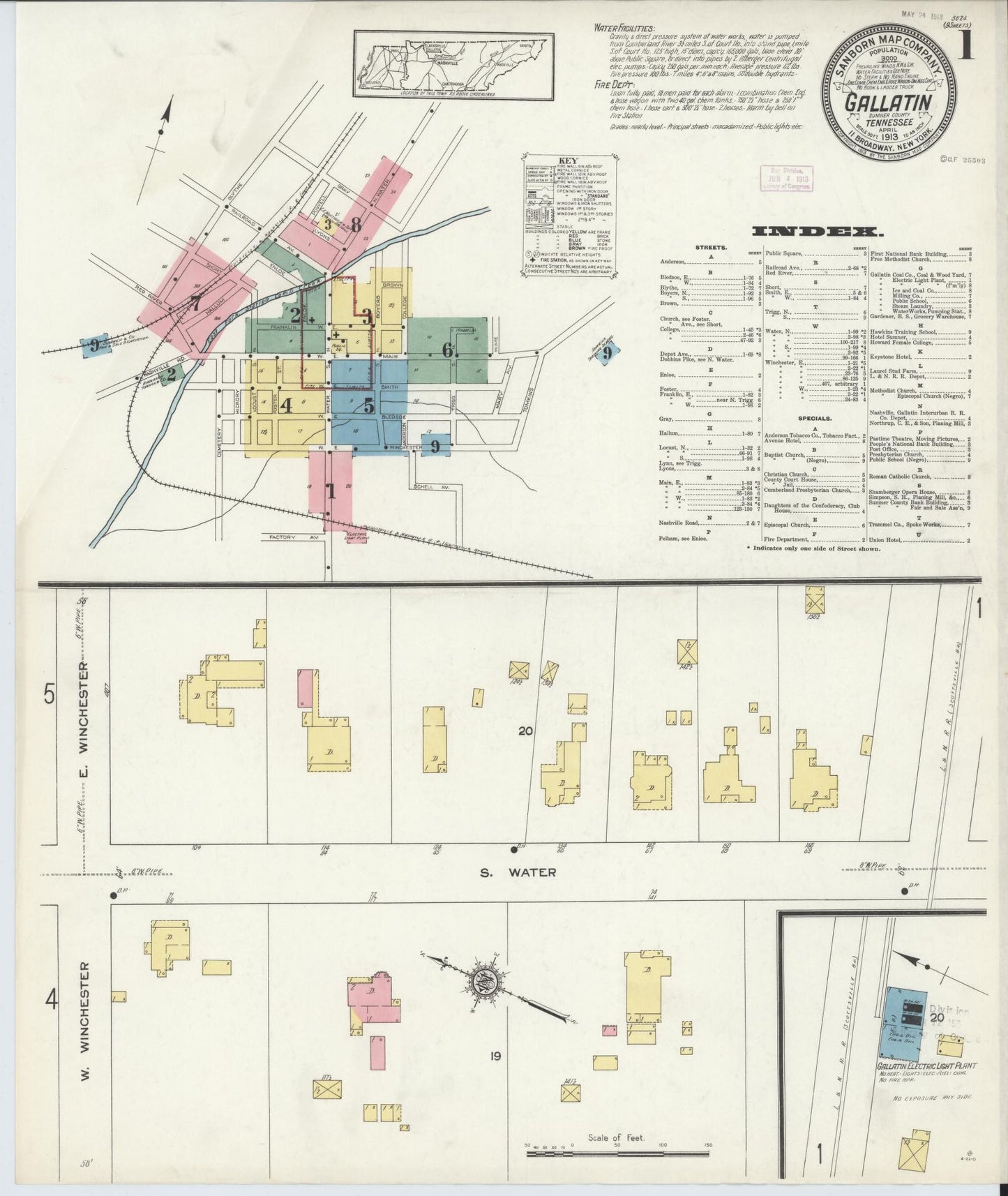 Sanborn Fire Insurance Map from Gallatin, Sumner County, Tennessee (1913), Sheet #0001 - Complete Map Set gallery image, historic Sanborn map, vintage wall art, Tennessee Tennessee