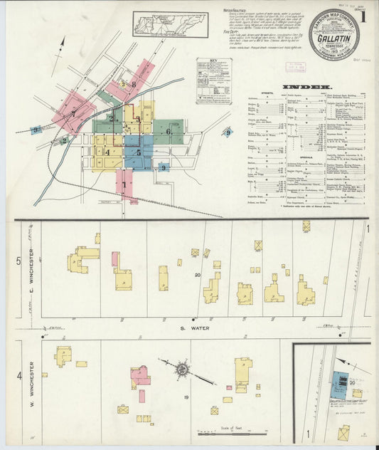 Sanborn Fire Insurance Map from Gallatin, Sumner County, Tennessee (1913), Sheet #0001 - Complete Map Set gallery image, historic Sanborn map, vintage wall art, Tennessee Tennessee