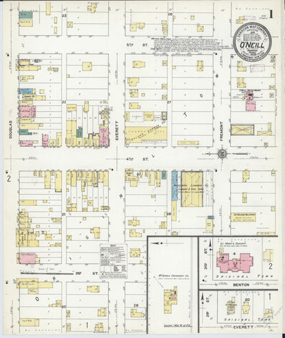 Sanborn Fire Insurance Map from O'Neill, Holt County, Nebraska (1909), Sheet #0001 - Complete Map Set gallery image, historic Sanborn map, vintage wall art, Nebraska Nebraska