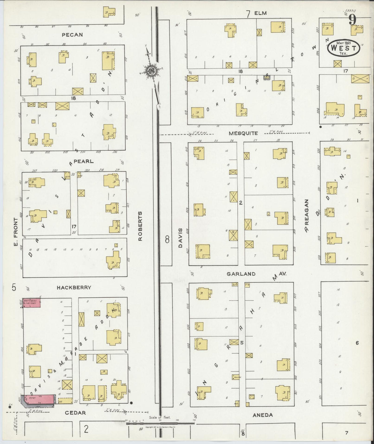 Sanborn Fire Insurance Map from West, McLennan County, Texas (1921), Sheet #0009 - Complete Map Set gallery image, historic Sanborn map, vintage wall art, Texas Texas
