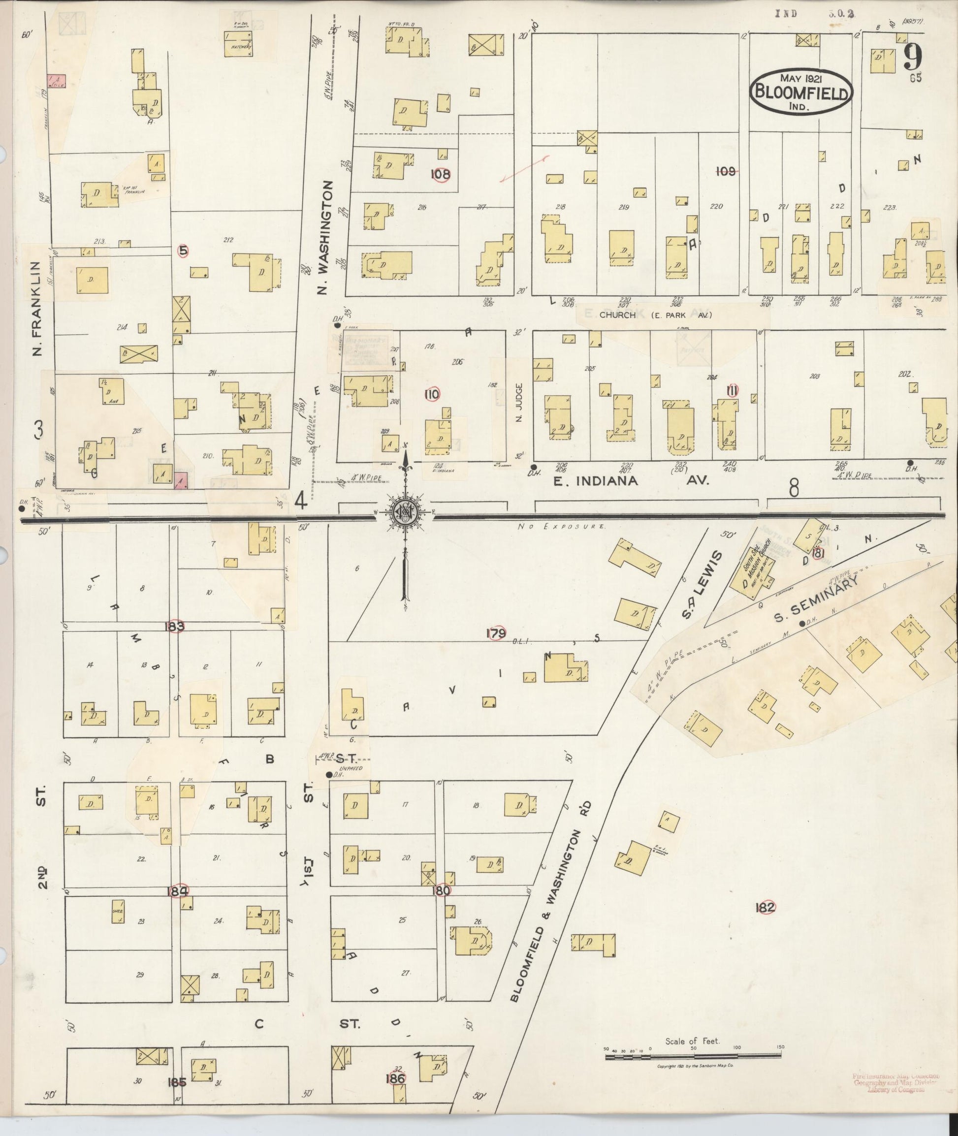 Sanborn Fire Insurance Map from Bloomfield, Greene County, Indiana (1940), Sheet #0009 - Historic Sanborn Fire Insurance Map Print, vintage old map wall art, antique decor, genealogy gift, Indiana Indiana map