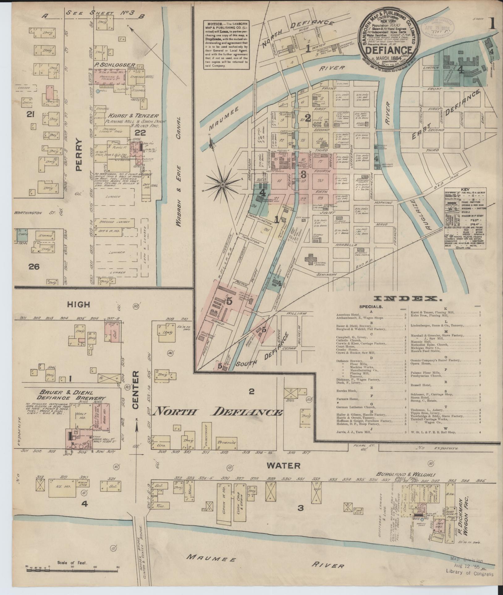 Sanborn Fire Insurance Map from Defiance, Defiance County, Ohio (1884), Sheet #0001 - Historic Sanborn Fire Insurance Map Print, vintage old map wall art, antique decor, genealogy gift, Ohio Ohio map