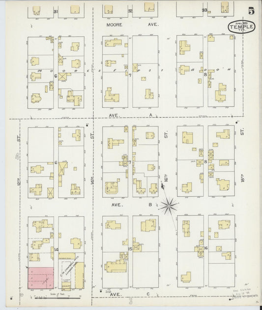 Sanborn Fire Insurance Map from Temple, Bell County, Texas (1893), Sheet #0005 - Historic Sanborn Fire Insurance Map Print, vintage old map wall art, antique decor, genealogy gift, Texas Texas map