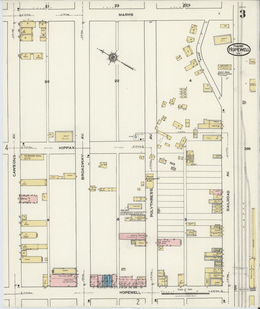 Sanborn Fire Insurance Map from Hopewell, Independent Cities, Virginia (1921), Sheet #0003 - Historic Sanborn Fire Insurance Map Print, vintage old map wall art, antique decor, genealogy gift, Virginia Virginia map
