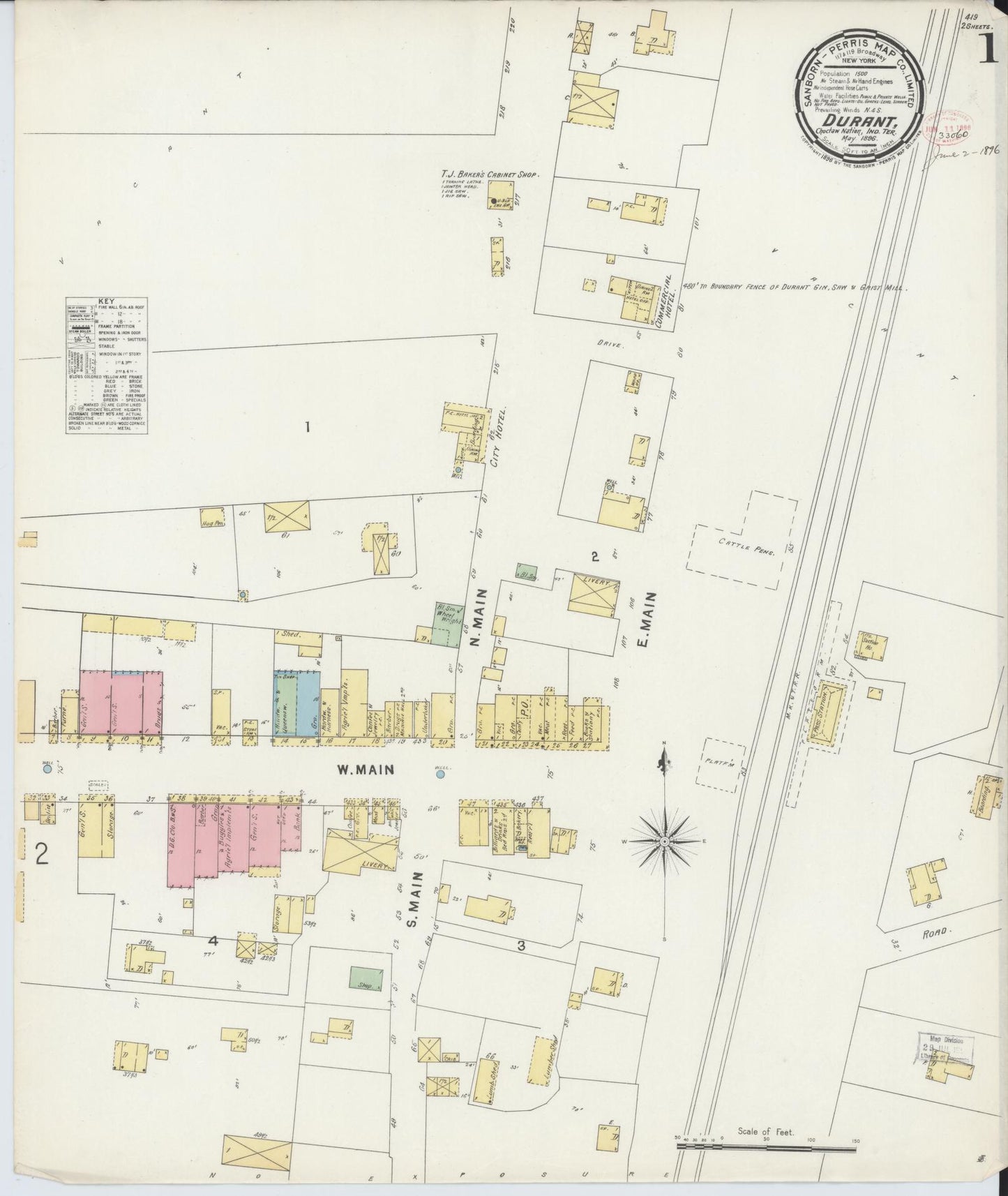 Sanborn Fire Insurance Map from Durant, Bryan County, Oklahoma (1896), Sheet #0001 - Complete Map Set gallery image, historic Sanborn map, vintage wall art, Oklahoma Oklahoma