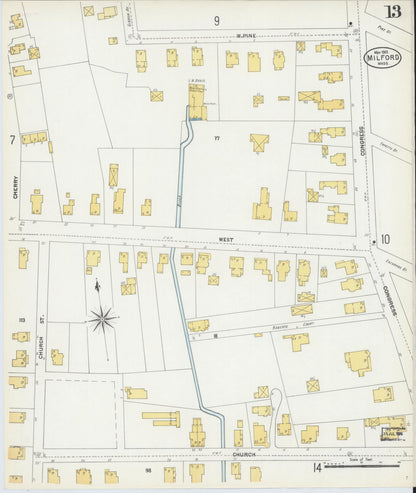 Sanborn Fire Insurance Map from Milford, Worcester County, Massachusetts (1903), Sheet #0013 - Historic Sanborn Fire Insurance Map Print, vintage old map wall art, antique decor, genealogy gift, Massachusetts Massachusetts map