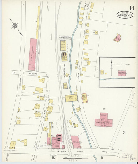 Sanborn Fire Insurance Map from Johnson City, Washington County, Tennessee (1913), Sheet #0014 - Historic Sanborn Fire Insurance Map Print, vintage old map wall art, antique decor, genealogy gift, Tennessee Tennessee map