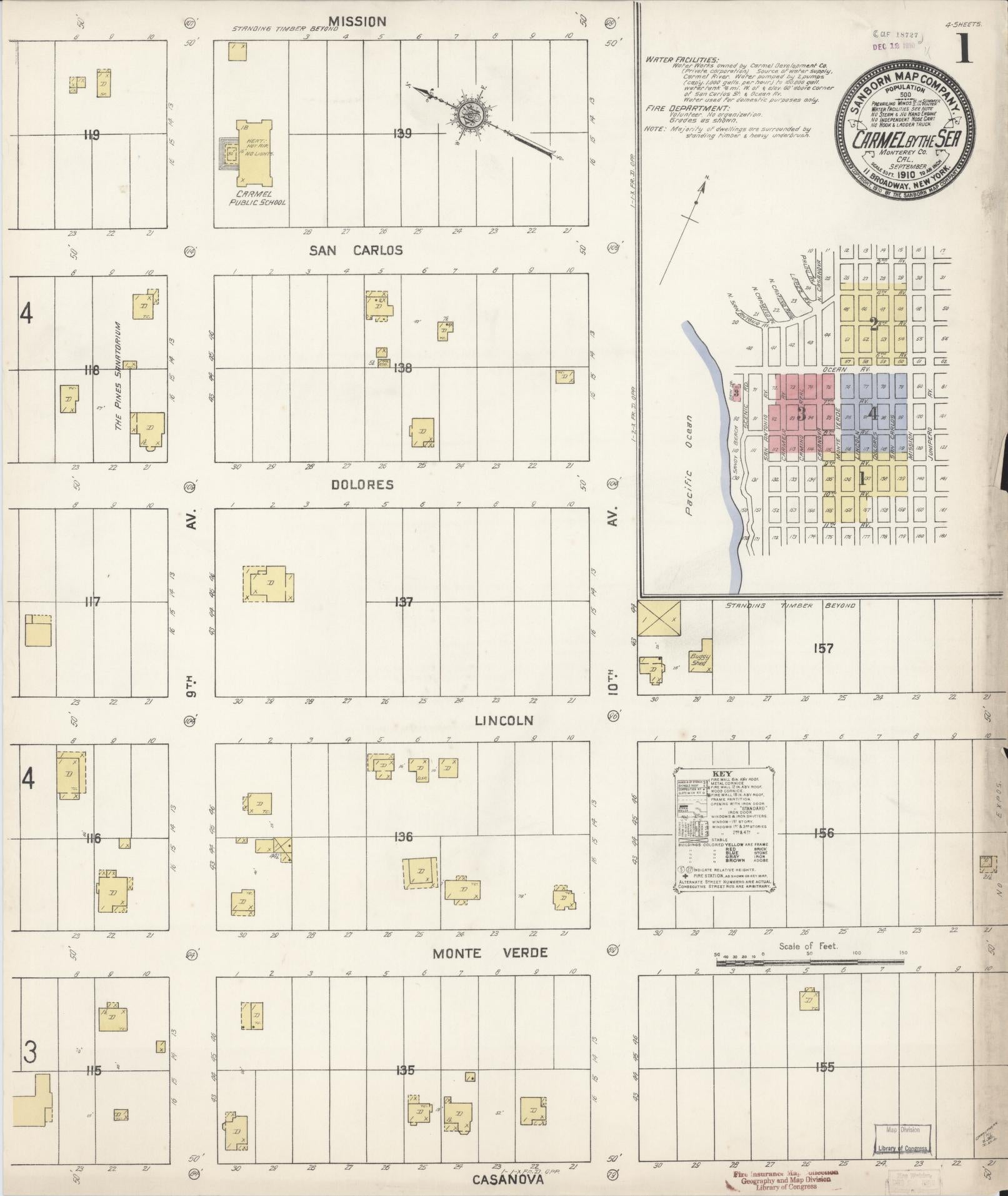 Sanborn Fire Insurance Map from Carmel By The Sea, Monterey County, California (1910), Sheet #0001 - Historic Sanborn Fire Insurance Map Print, vintage old map wall art, antique decor, genealogy gift, California California map