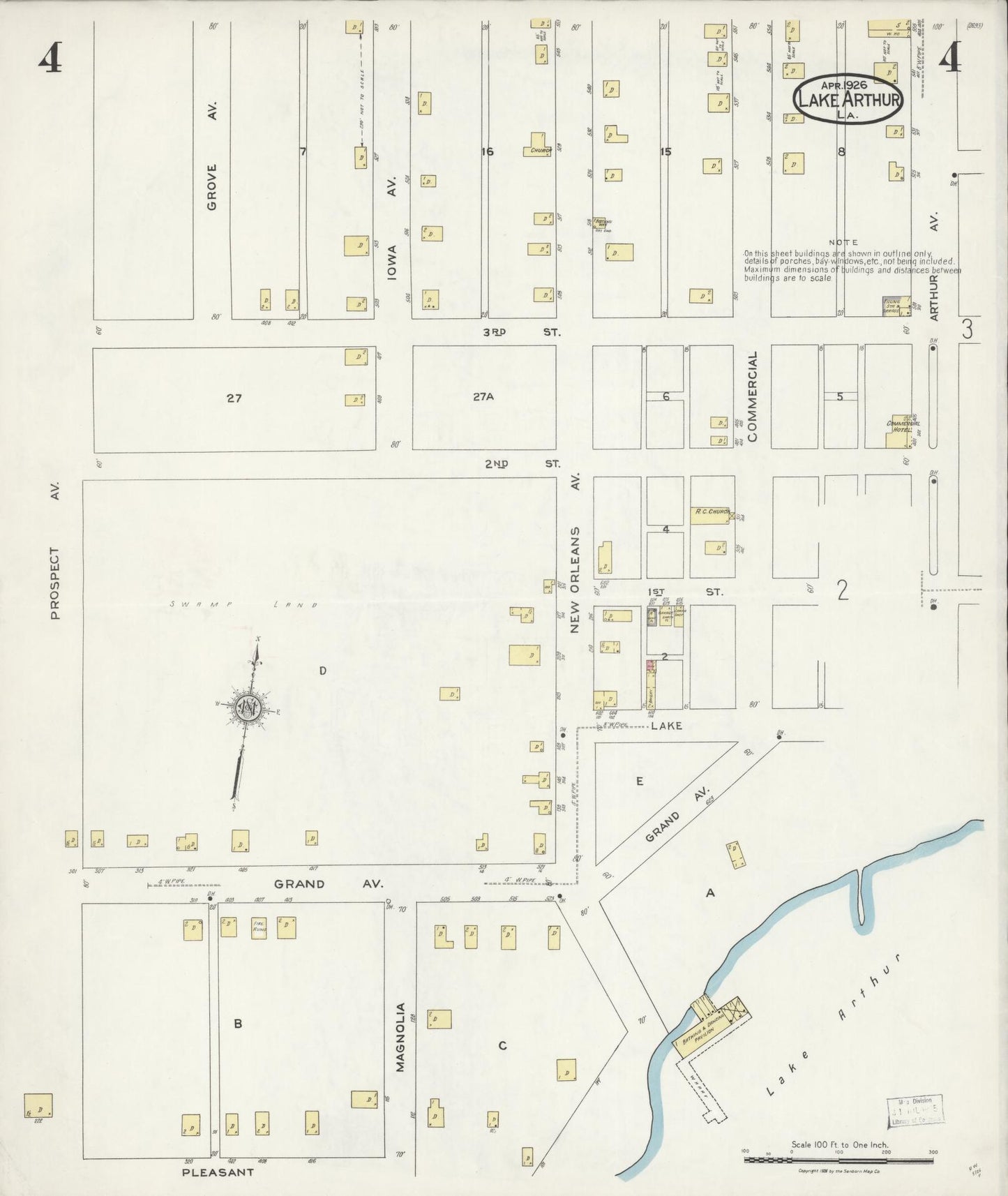 Sanborn Fire Insurance Map from Lake Arthur, Jefferson Davis Parish, Louisiana (1926), Sheet #0004 - Historic Sanborn Fire Insurance Map Print, vintage old map wall art, antique decor, genealogy gift, Louisiana Louisiana map
