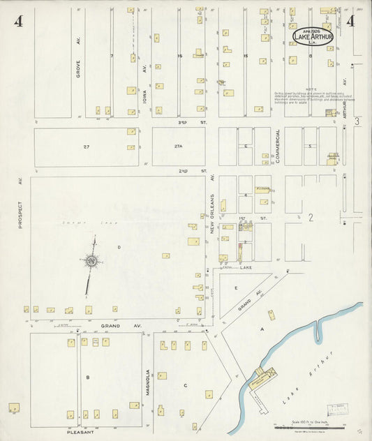 Sanborn Fire Insurance Map from Lake Arthur, Jefferson Davis Parish, Louisiana (1926), Sheet #0004 - Historic Sanborn Fire Insurance Map Print, vintage old map wall art, antique decor, genealogy gift, Louisiana Louisiana map