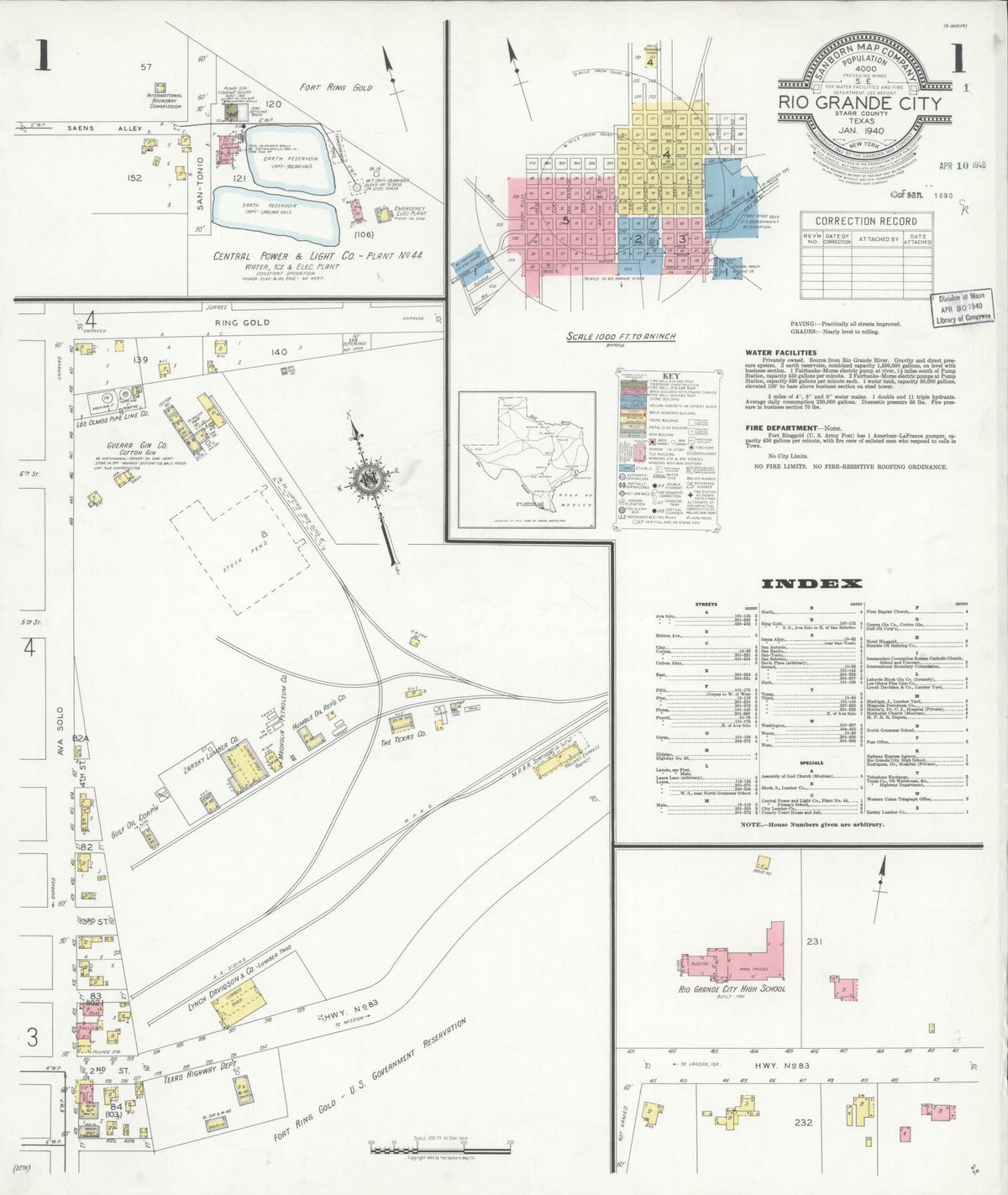 Sanborn Fire Insurance Map from Rio Grande City, Starr County, Texas (1940), Sheet #0001 - Historic Sanborn Fire Insurance Map Print, vintage old map wall art, antique decor, genealogy gift, Texas Texas map