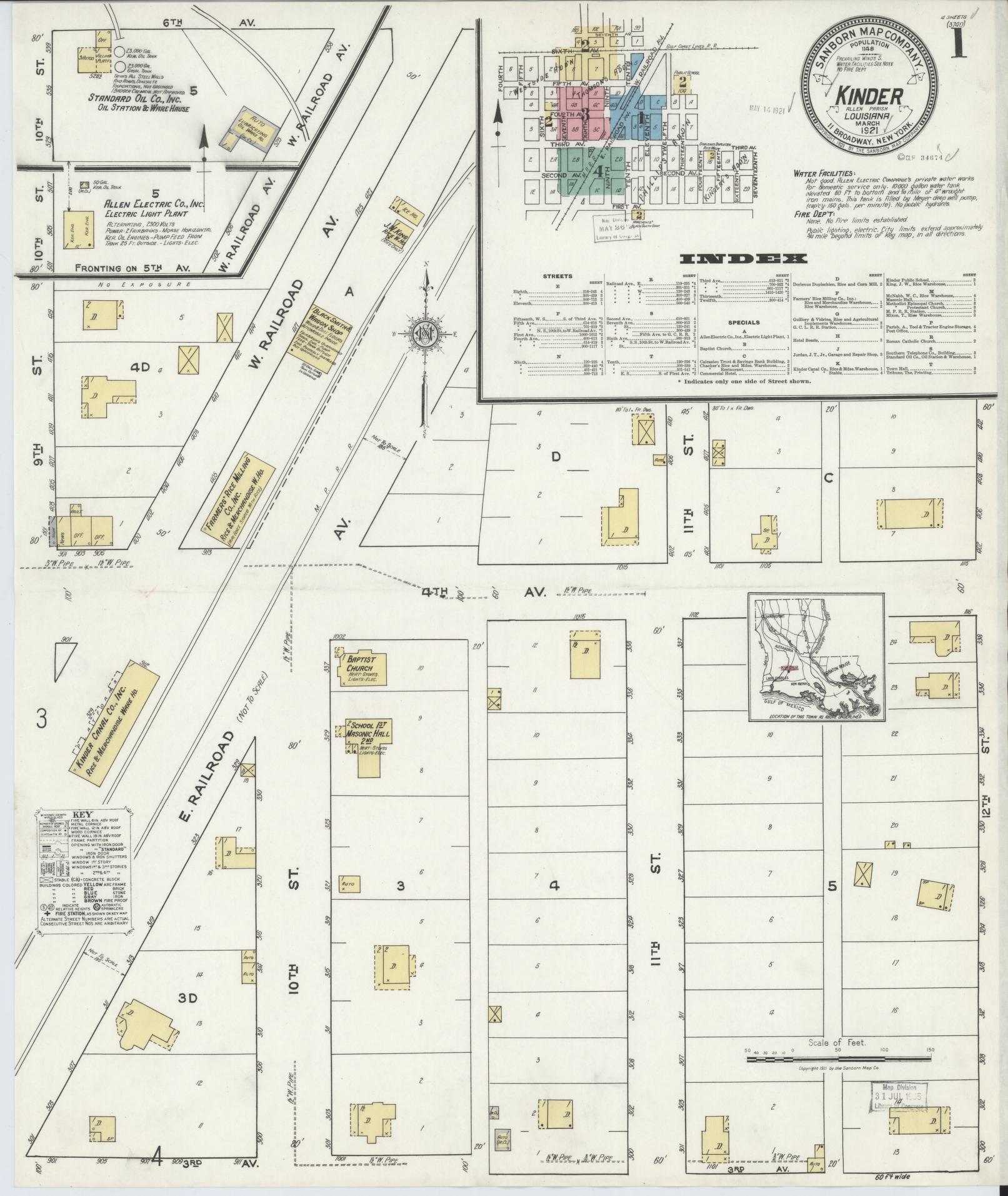 Sanborn Fire Insurance Map from Kinder, Allen Parish, Louisiana (1921), Sheet #0001 - Historic Sanborn Fire Insurance Map Print, vintage old map wall art, antique decor, genealogy gift, Louisiana Louisiana map