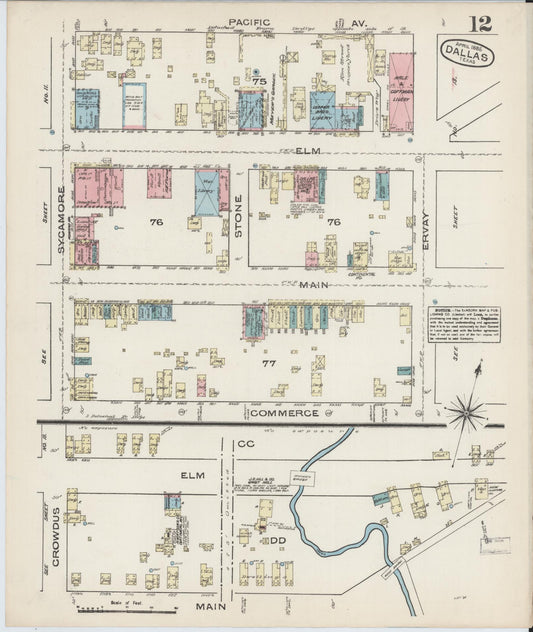 Sanborn Fire Insurance Map from Dallas, Dallas County, Texas (1885), Sheet #0012 - Historic Sanborn Fire Insurance Map Print, vintage old map wall art, antique decor, genealogy gift, Texas Texas map