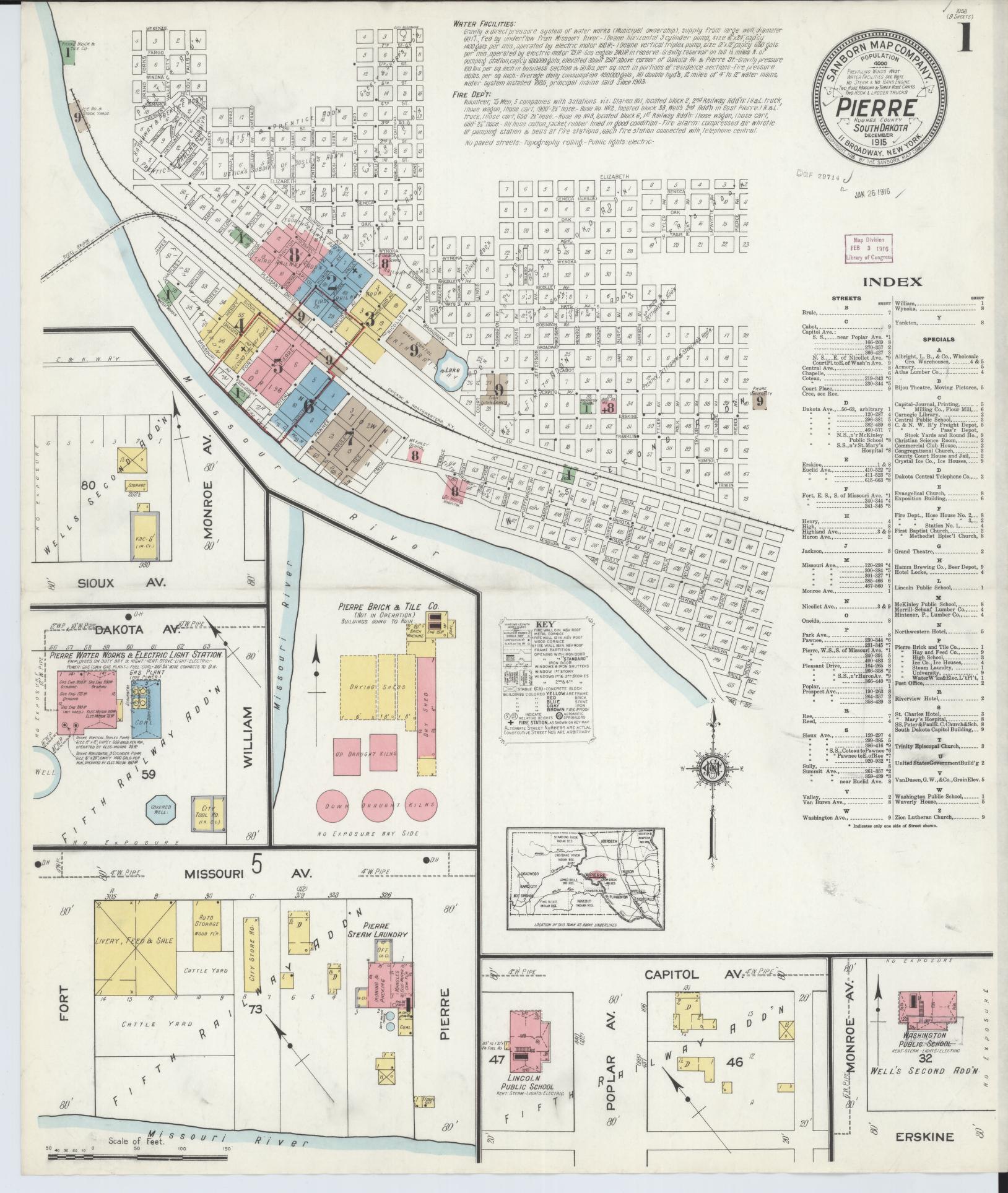 Sanborn Fire Insurance Map from Pierre, Hughes County, South Dakota (1915), Sheet #0001 - Historic Sanborn Fire Insurance Map Print, vintage old map wall art, antique decor, genealogy gift, South Dakota South Dakota map