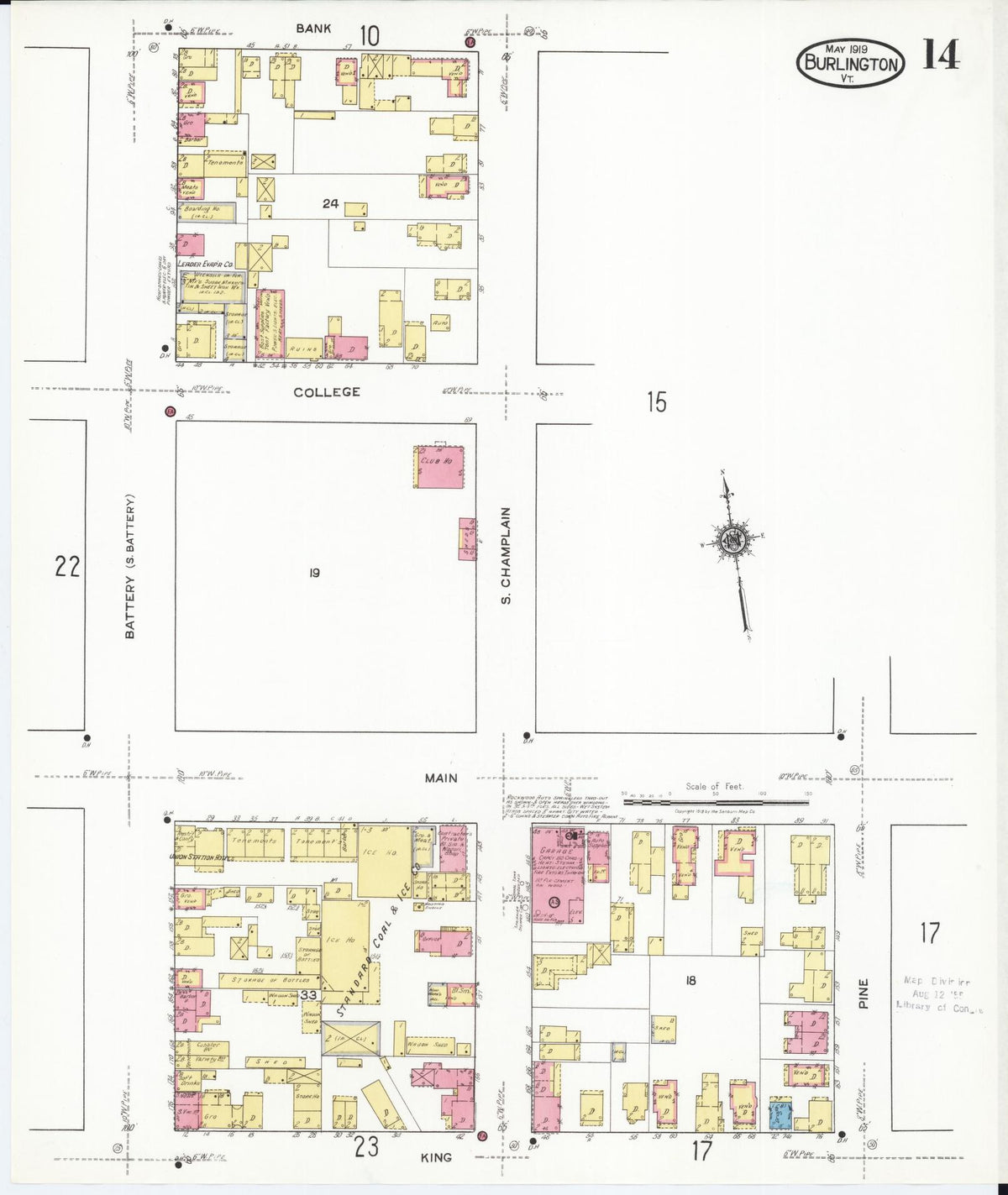 Sanborn Fire Insurance Map from Burlington, Chittenden County, Vermont (1919), Sheet #0014 - Historic Sanborn Fire Insurance Map Print, vintage old map wall art, antique decor, genealogy gift, Vermont Vermont map