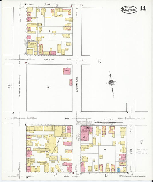 Sanborn Fire Insurance Map from Burlington, Chittenden County, Vermont (1919), Sheet #0014 - Historic Sanborn Fire Insurance Map Print, vintage old map wall art, antique decor, genealogy gift, Vermont Vermont map