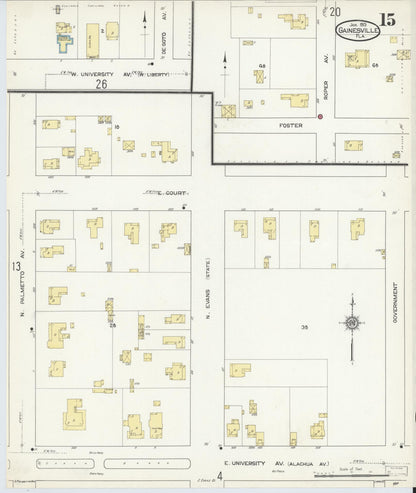 Sanborn Fire Insurance Map from Gainesville, Alachua County, Florida (1913), Sheet #0015 - Historic Sanborn Fire Insurance Map Print, vintage old map wall art, antique decor, genealogy gift, Florida Florida map