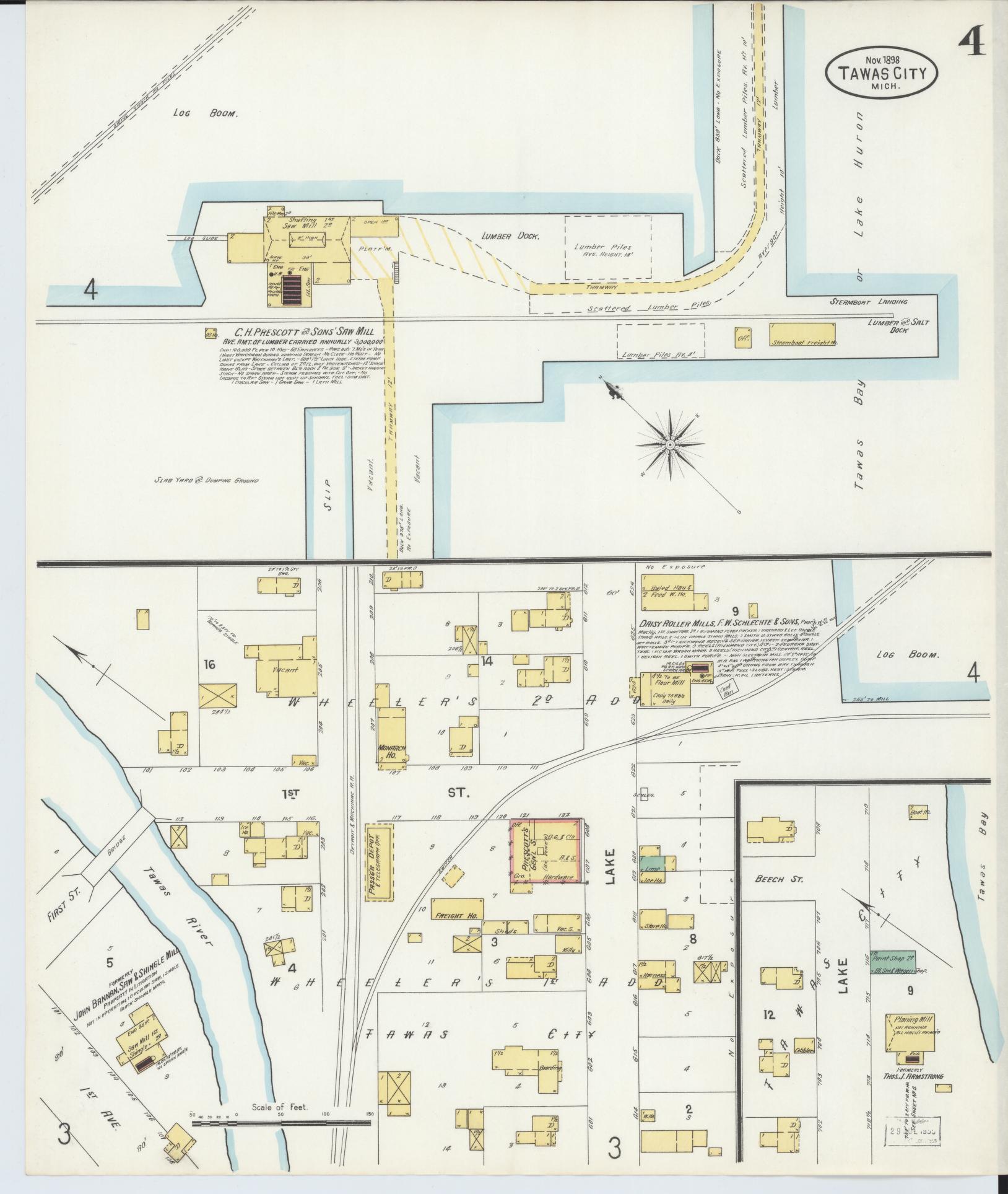 Sanborn Fire Insurance Map from East Tawas, Iosco County, Michigan (1898), Sheet #0004 - Historic Sanborn Fire Insurance Map Print, vintage old map wall art, antique decor, genealogy gift, Michigan Michigan map