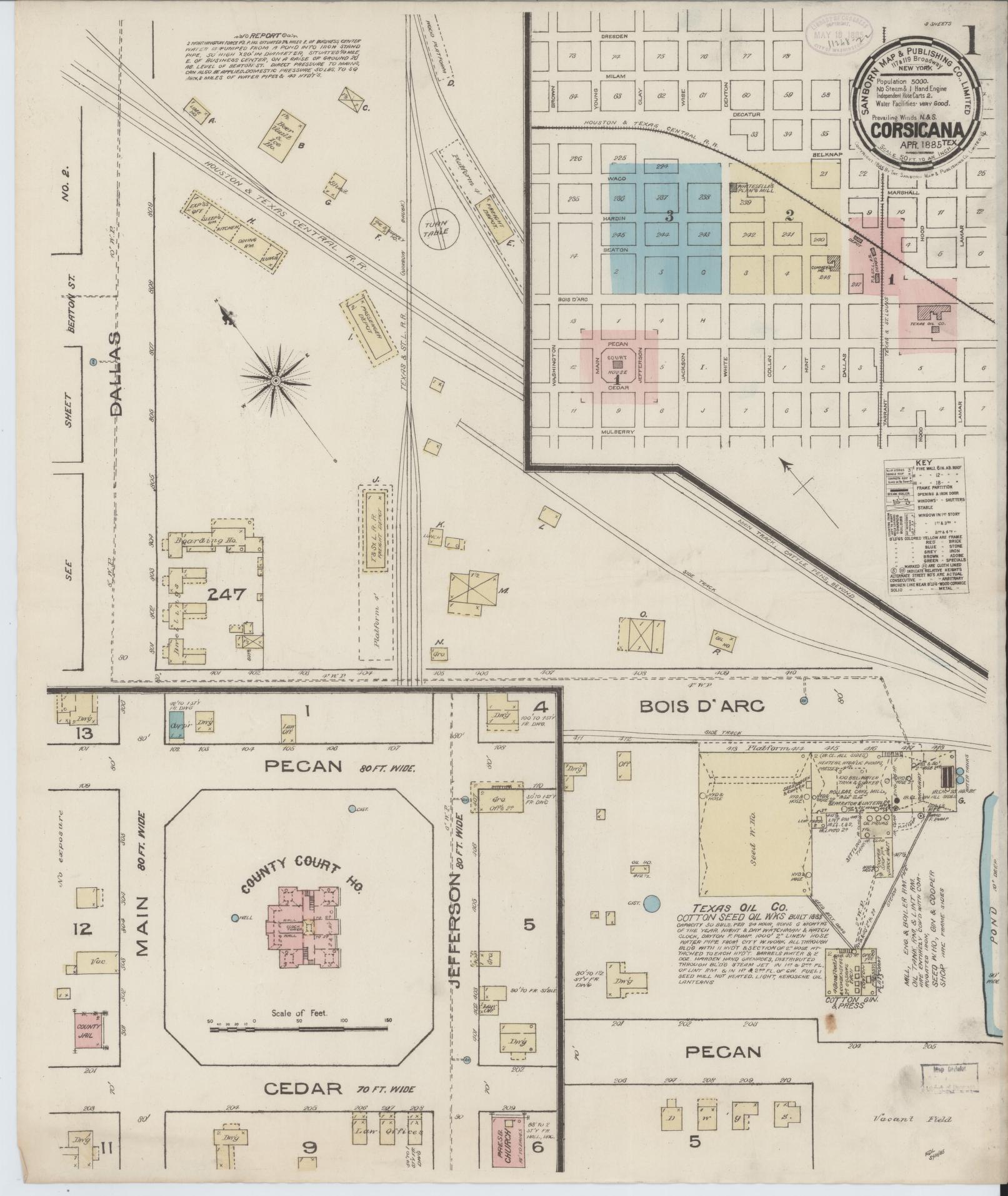 Sanborn Fire Insurance Map from Corsicana, Navarro County, Texas (1885), Sheet #0001 - Historic Sanborn Fire Insurance Map Print, vintage old map wall art, antique decor, genealogy gift, Texas Texas map