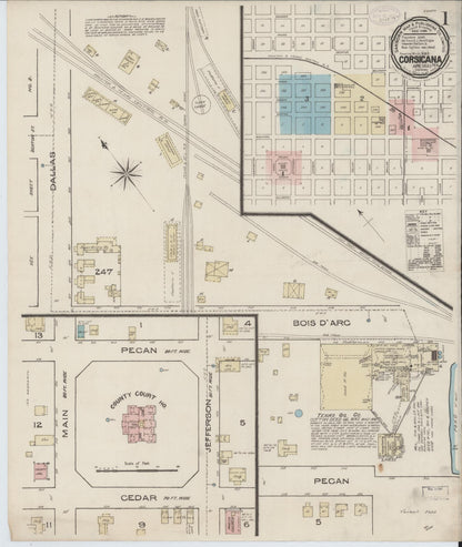 Sanborn Fire Insurance Map from Corsicana, Navarro County, Texas (1885), Sheet #0001 - Historic Sanborn Fire Insurance Map Print, vintage old map wall art, antique decor, genealogy gift, Texas Texas map