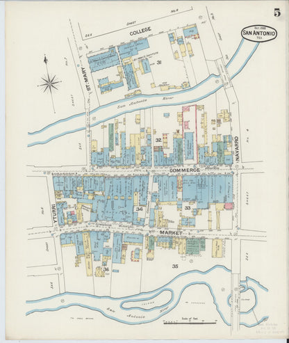 Sanborn Fire Insurance Map from San Antonio, Bexar County, Texas (1888), Sheet #0005 - Historic Sanborn Fire Insurance Map Print, vintage old map wall art, antique decor, genealogy gift, Texas Texas map