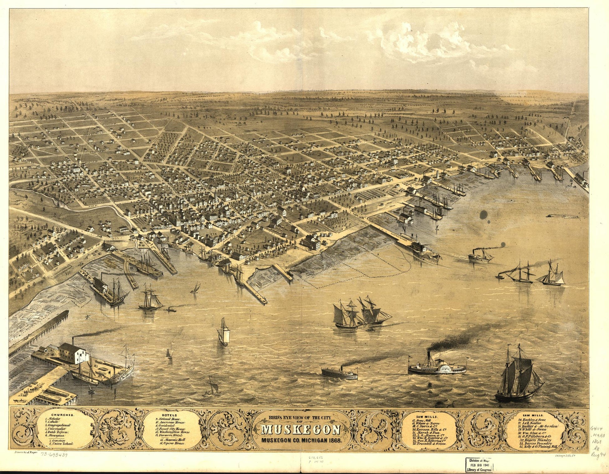 Bird's eye view of the city of Muskegon, Muskegon Co., Michigan 1868. (1868) – Historic Bird’s-Eye View Panorama Print
