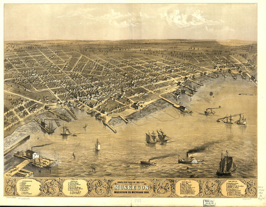 Bird's eye view of the city of Muskegon, Muskegon Co., Michigan 1868. (1868) – Historic Bird’s-Eye View Panorama Print