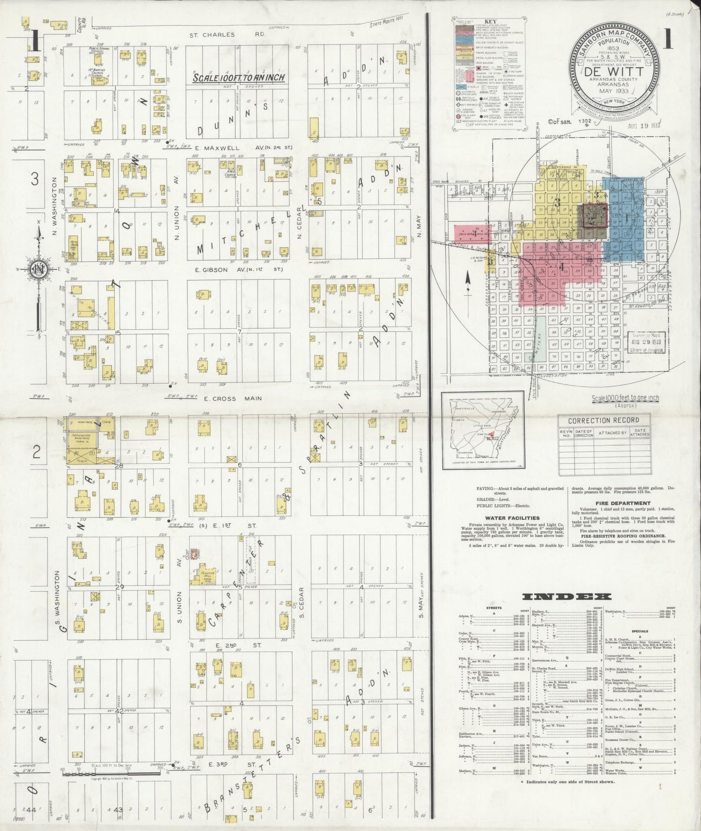 Sanborn Fire Insurance Map from De Witt, Arkansas County, Arkansas (1933), Sheet #0001 - Historic Sanborn Fire Insurance Map Print, vintage old map wall art, antique decor, genealogy gift, De Witt Arkansas map