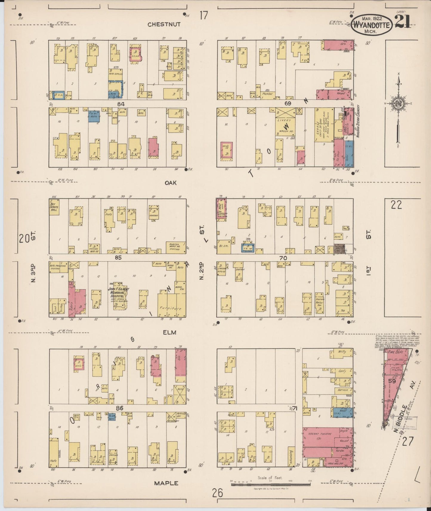 Sanborn Fire Insurance Map from Wyandotte, Wayne County, Michigan (1922), Sheet #0021 - Historic Sanborn Fire Insurance Map Print, vintage old map wall art, antique decor, genealogy gift, Michigan Michigan map