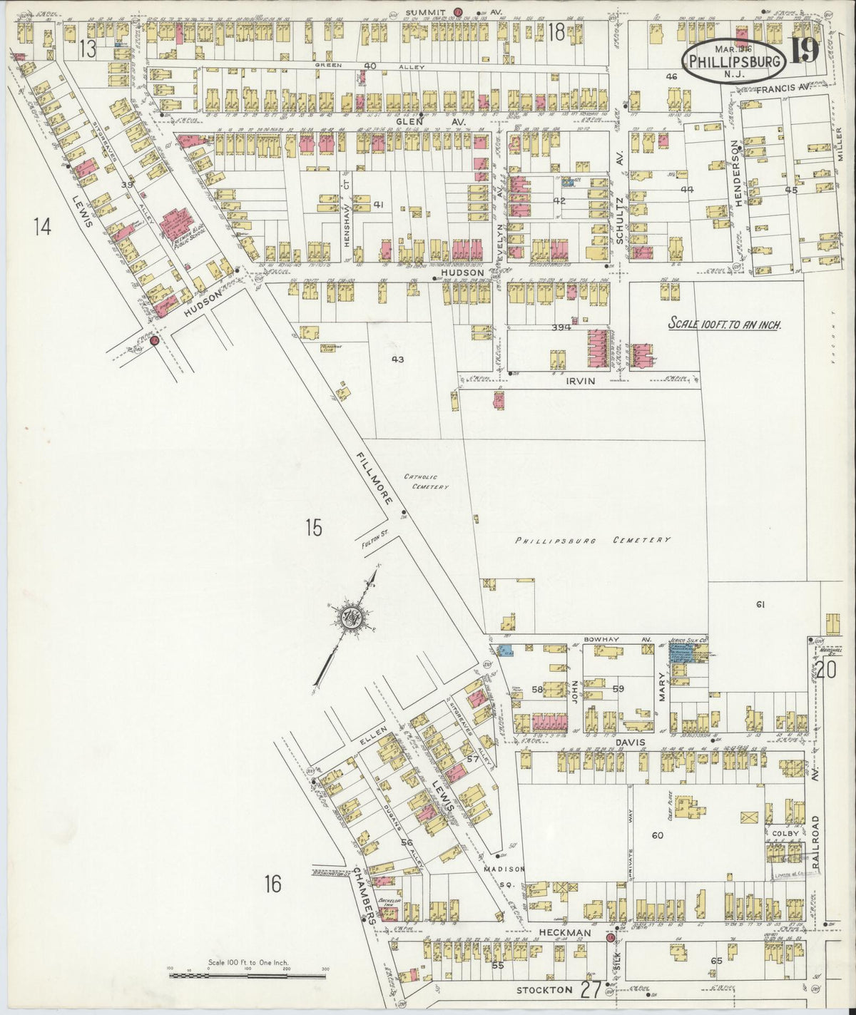 Sanborn Fire Insurance Map from Phillipsburg, Warren County, New Jersey (1916), Sheet #0019 - Historic Sanborn Fire Insurance Map Print, vintage old map wall art, antique decor, genealogy gift, New Jersey New Jersey map