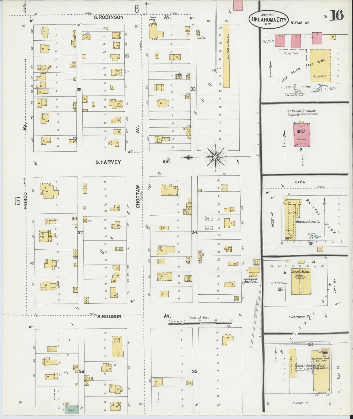 Sanborn Fire Insurance Map from Oklahoma City, Oklahoma County, Oklahoma (1901), Sheet #0016 - Complete Map Set gallery image, historic Sanborn map, vintage wall art, Oklahoma City Oklahoma