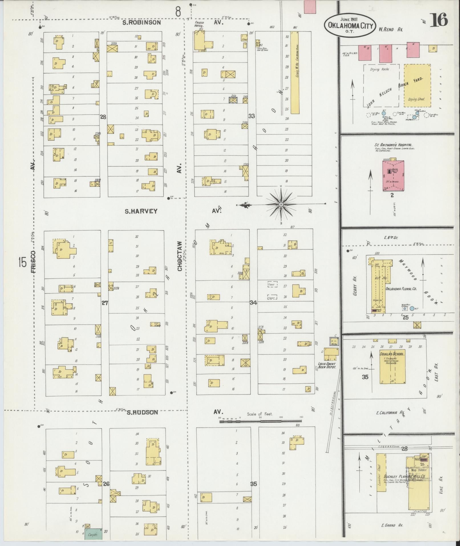 Sanborn Fire Insurance Map from Oklahoma City, Oklahoma County, Oklahoma (1901), Sheet #0016 - Complete Map Set gallery image, historic Sanborn map, vintage wall art, Oklahoma City Oklahoma