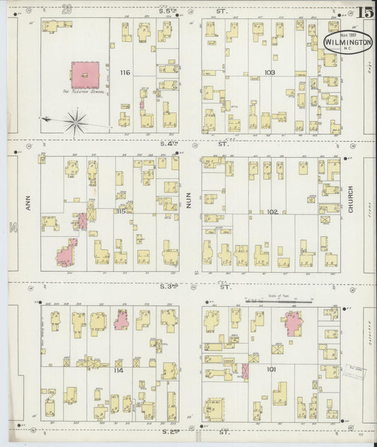 Sanborn Fire Insurance Map from Wilmington, New Hanover County, North Carolina (1893), Sheet #0015 - Historic Sanborn Fire Insurance Map Print, vintage old map wall art, antique decor, genealogy gift, North Carolina North Carolina map