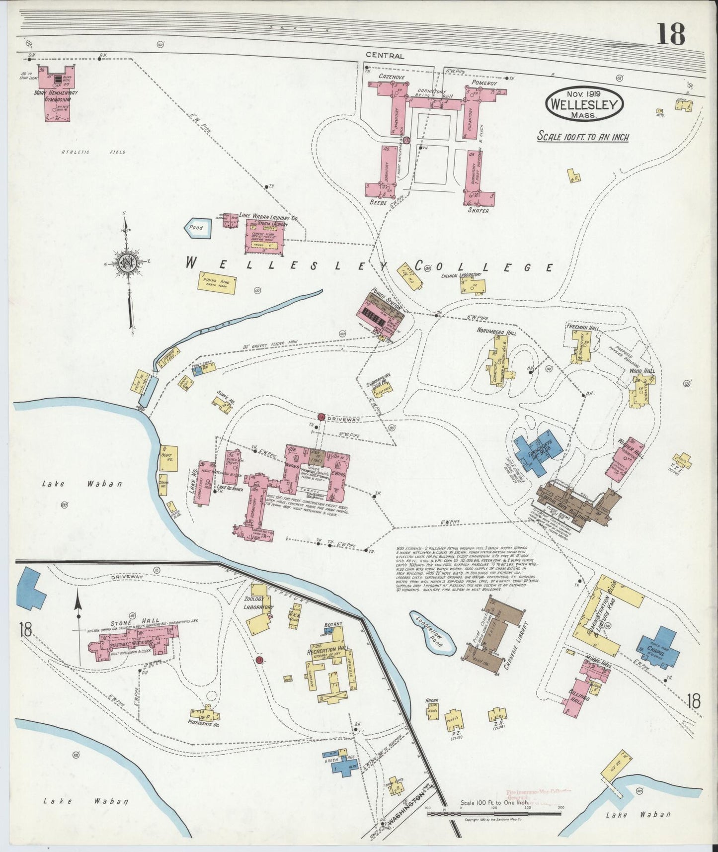 Sanborn Fire Insurance Map from Wellesley, Norfolk County, Massachusetts (1919), Sheet #0018 - Historic Sanborn Fire Insurance Map Print, vintage old map wall art, antique decor, genealogy gift, Massachusetts Massachusetts map